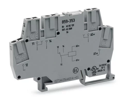 859-354 - Relay module; Nominal input voltage: 24 V AC/DC; 1 changeover contact; Red status indicator; Module width: 6 mm; 2,50 mm²; gray