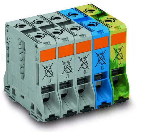 285-199 - POWER CAGE CLAMP feedthrough terminal block (Three Phase Set); DIN 35 x 15 rail mount; 2-conductor; 4/0 AWG; 125 mm wide (25 mm wide each); multicolored