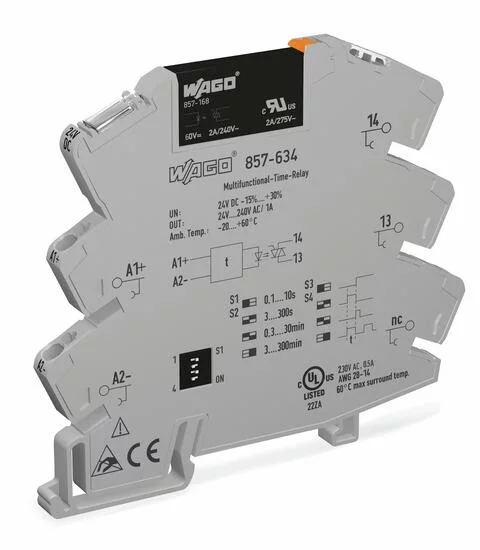 857-634 - Solid-state timer relay module; Nominal input voltage: 24 VDC; Output voltage range: 24 … 230 VAC; Limiting continuous current: 1 A; 2-wire connection; Multifunction/Multitime; Yellow status indicator; Module width: 6 mm