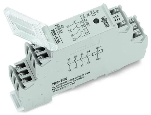 789-536 - Relay module; Nominal input voltage: 24 V AC/DC; 2 break and 2 make contacts; Limiting continuous current: 4 A; Red status indicator; Module width: 18 mm; 2,50 mm²; gray
