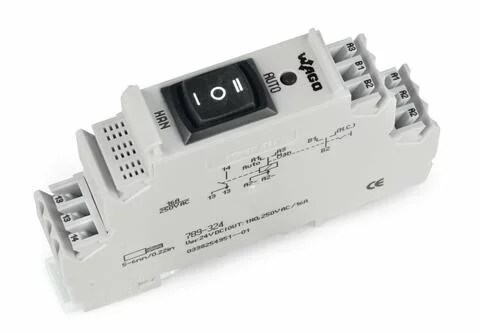 789-324 - Relay module; Nominal input voltage: 24 VDC; 1 make contact; Limiting continuous current: 16 A; for lamp loads; Manual/0FF/Auto switch; Red status indicator; Module width: 18 mm; 2,50 mm²; gray