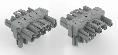 770-1741 - T-distribution connector; 5-pole; Cod. B; 1 input; 2 outputs; 3 locking levers; for flying leads; gray 770-1741 - T-distribution connector; 5-pole; Cod. B; 1 input; 2 outputs; 3 locking levers; for flying leads; gray