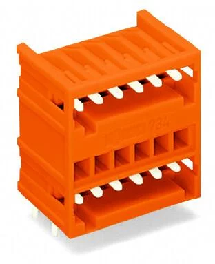 734-436 - THT double-deck male header; 1.0 x 1.0 mm solder pin; angled; 100% protected against mismating; Pin spacing 3.81 mm; 12-pole; orange
