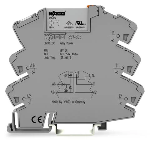 857-305 - Relay module; Nominal input voltage: 48 VDC; 1 changeover contact; Limiting continuous current: 6 A; Yellow status indicator; Module width: 6 mm