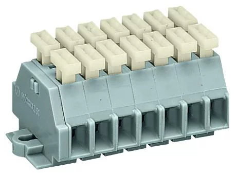 261-107/341-000 - 2-conductor terminal strip; on both sides with push-buttons; with fixing flanges; 7-pole; for screw or similar mounting types; Fixing hole 3.2 mm Ø; 2.5 mm²; CAGE CLAMP®; 2,50 mm²; gray