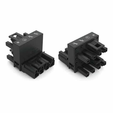770-945 - h-distribution connector; 4-pole; Cod. A; 1 input; 2 outputs; outputs on one side; 3 locking levers; for flying leads; black