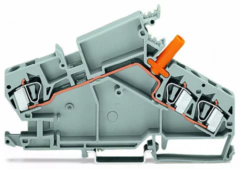 282-866 - 3-conductor through terminal block; 6 mm²; with touch-proof test socket; e.g., voltage transformer circuits; center marking; for DIN-rail 35 x 15 and 35 x 7.5; CAGE CLAMP®; 6,00 mm²; gray