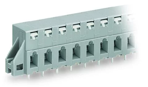 741-324 - Through-panel PCB terminal strip; 2 solder pins/pole; 4-pole; with integrated push-buttons; pin spacing 7.5 mm / 0.295 in; with fixing flanges; gray