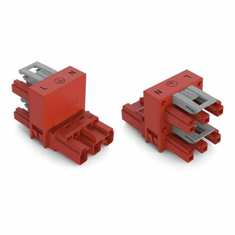 770-934 - h-distribution connector; 3-pole; Cod. P; 1 input; 2 outputs; outputs on one side; 2 locking levers; red