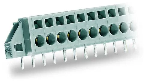 231-612/017-000 - Through-panel PCB terminal strip; angled solder pin 1x1.2 mm; 12-pole; with fixing flanges; pin spacing 5 mm / 0.197 in; gray