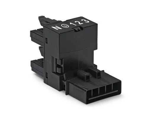 890-929 - h-distribution connector; 5-pole; Cod. A; 1 input; 2 outputs; outputs on one side; 2 locking levers; black