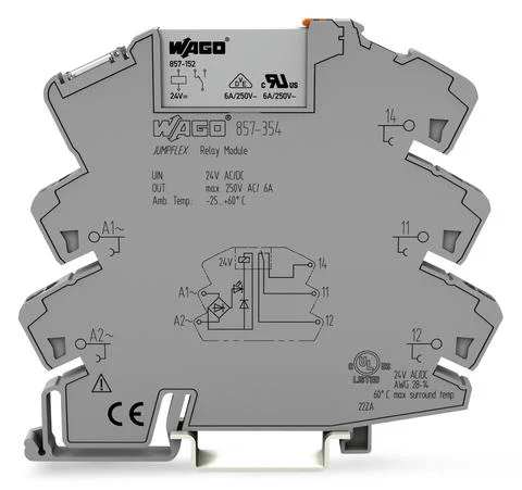 857-354 - Relay module; Nominal input voltage: 24 V AC/DC; 1 changeover contact; Limiting continuous current: 6 A; Yellow status indicator; Module width: 6 mm 857-354 - Relay module; Nominal input voltage: 24 V AC/DC; 1 changeover contact; Limiting continuous current: 6 A; Yellow status indicator; Module width: 6 mm
