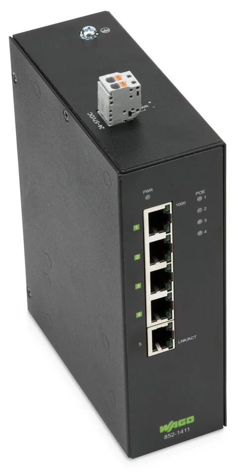 852-1411 - Industrial unmanaged ECO switch; 5 - 10/100/1000 Mb/s RJ45 ports; Power Over Ethernet; Extended temperature range