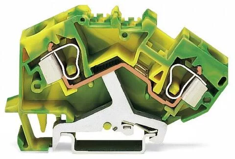 784-607/999-950 - Ground terminal block; angled; rail mount; 2-conductor; suitable for Ex e II applications; 10 mm wide; green-yellow