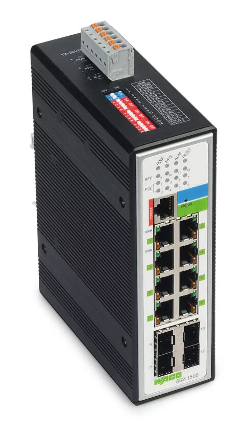 852-1505 - Industrial managed switch - Power over Ethernet; 8 - 10/100/1000 Mb/s RJ45 ports; 4 - 1000 Mb/s Fiber Optic ports; Extended temperature range