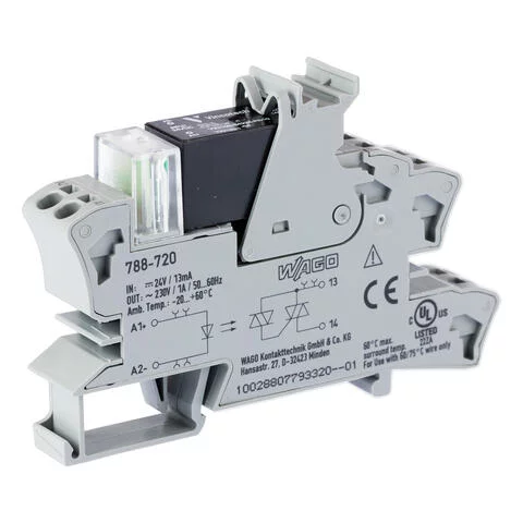 788-720 - Solid-state relay module; Nominal input voltage: 24 VDC; Output voltage range: 24 … 240 VAC; Limiting continuous current: 1 A; 2-wire connection; zero-cross switching; Red status indicator; Module width: 15 mm; gray 788-720 - Solid-state relay module; Nominal input voltage: 24 VDC; Output voltage range: 24 … 240 VAC; Limiting continuous current: 1 A; 2-wire connection; zero-cross switching; Red status indicator; Module width: 15 mm; gray