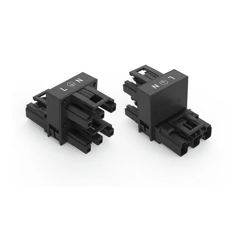770-636 - h-distribution connector; 3-pole; Cod. A; 1 input; 2 outputs; outputs on one side; 3 locking levers; for flying leads; black
