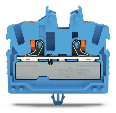 2252-314 - 2-conductor miniature through terminal block; with push-button; 2.5 mm²; with test port; side and center marking; with snap-in mounting foot; Push-in CAGE CLAMP®; 2,50 mm²; blue