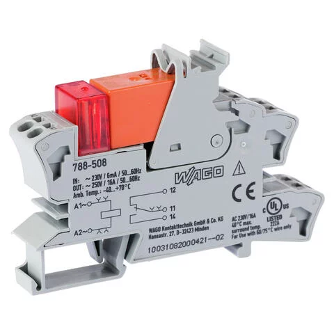 788-508 - Relay module; Nominal input voltage: 230 VAC; 1 changeover contact; Limiting continuous current: 16 A; Red status indicator; Module width: 15 mm; 2,50 mm²; gray