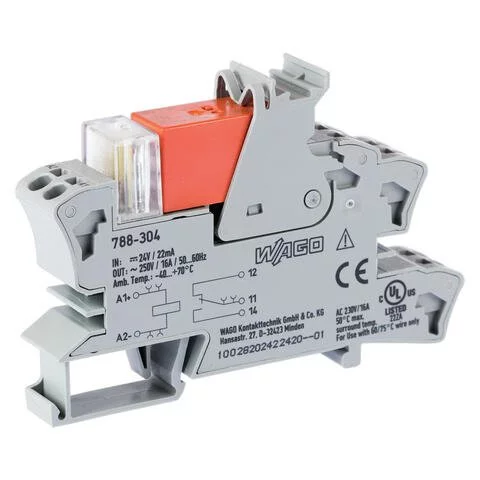 788-304 - Relay module; Nominal input voltage: 24 VDC; 1 changeover contact; Limiting continuous current: 16 A; Red status indicator; Module width: 15 mm; 2,50 mm²; gray