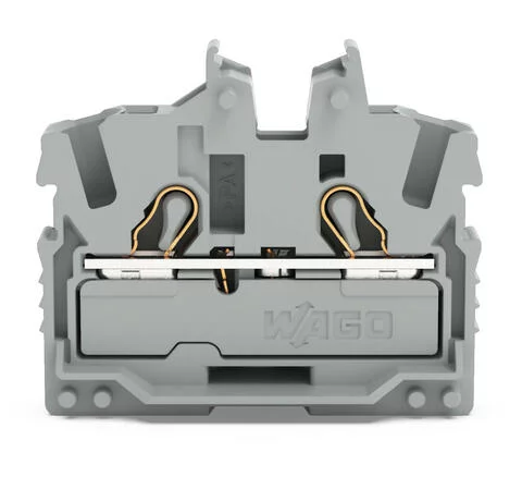 2052-301 - 2-conductor miniature through terminal block; with operating slots; 2.5 mm²; with test port; side and center marking; End terminal block with mounting flange; Push-in CAGE CLAMP®; 2,50 mm²; gray