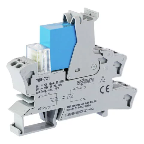788-721 - Solid-state relay module; Nominal input voltage: 24 V AC/DC; Output voltage range: 24 … 230 VAC; Limiting continuous current: 4 A; 2-wire connection; zero-cross switching; Red status indicator; Module width: 15 mm; gray 788-721 - Solid-state relay module; Nominal input voltage: 24 V AC/DC; Output voltage range: 24 … 230 VAC; Limiting continuous current: 4 A; 2-wire connection; zero-cross switching; Red status indicator; Module width: 15 mm; gray