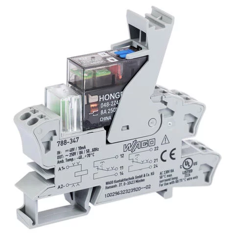 788-347 - Relay module; Nominal input voltage: 48 VDC; 2 changeover contacts; Limiting continuous current: 8 A; with manual operation; Red status indicator; Module width: 15 mm