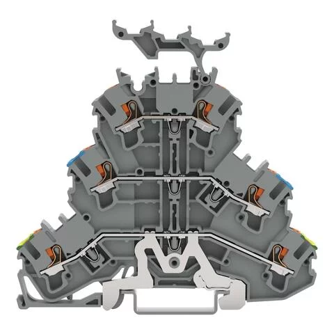 2202-3257 - Triple-deck terminal block; Ground conductor/through/through terminal block; with push-button; 2.5 mm²; PE/L/L; suitable for Ex e II applications; with marker carrier; for DIN-rail 35 x 15 and 35 x 7.5; Push-in CAGE CLAMP®; 2,50 mm²; gray