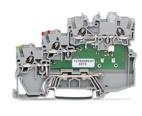 2000-5317/1101-951 - Actuator LED terminal block; yellow LED; for NPN (low side) switching actuators; with ground contact; 2-pole; rail mount; 3-conductor; 7 mm wide; gray