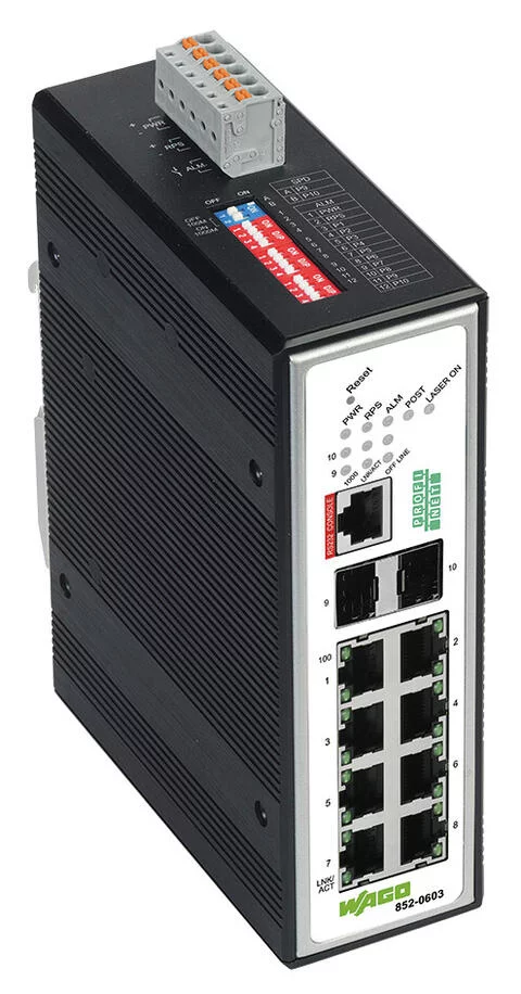 852-603 - Industrial Managed Switch - PROFINET; 8 - 10/100 Mb/s RJ45 ports; 2 - 1000 Mb/s Fiber Optic ports; Extended temperature range