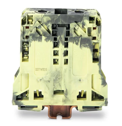 285-151 - POWER CAGE CLAMP feedthrough terminal block; DIN 35 x 15 rail mount; 2-conductor; 2/0 AWG fine-stranded, 1/0 AWG solid/stranded; 20 mm wide; dark gray-yellow