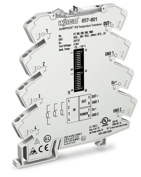 857-801 - JUMPFLEX® signal conditioner; temperature; configurable; Pt100, Pt200, Pt500 and Pt1000; resistance values 0 ... 1 kOhm , 0 ... 5 kOhm; max. measuring span 50 K (50 ?)