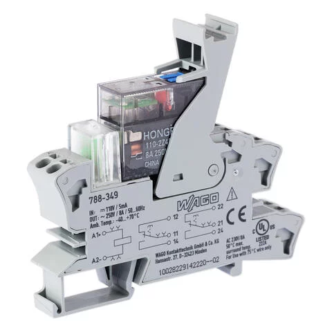 788-349 - Relay module; Nominal input voltage: 110 VDC; 2 changeover contacts; Limiting continuous current: 8 A; with manual operation; Red status indicator; Module width: 15 mm