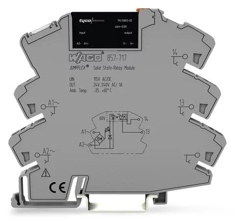 857-717 - Solid-state relay module; Nominal input voltage: 115 V AC/DC; Output voltage range: 24 … 240 VAC; Limiting continuous current: 2 A; 2-wire connection; zero-cross switching; Yellow status indicator; Module width: 6 mm; gray