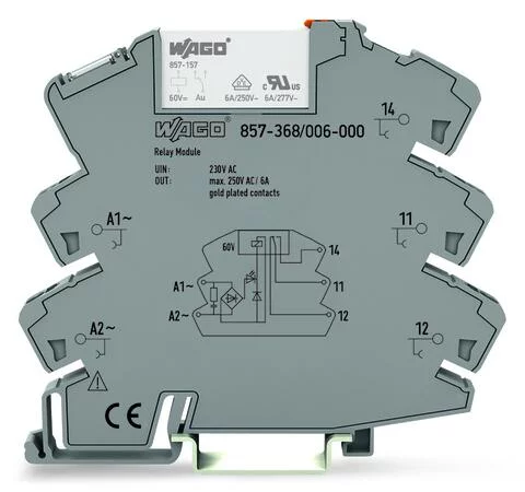 857-368/006-000 - Relay module; Nominal input voltage: 230 VAC; 1 changeover contact; Limiting continuous current: 6 A; with gold contacts; with integrated base load module; Yellow status indicator; Module width: 6 mm; 2,50 mm²; gray