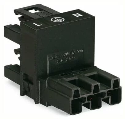 770-634 - h-distribution connector; 3-pole; Cod. A; 1 input; 2 outputs; outputs on one side; 2 locking levers; black