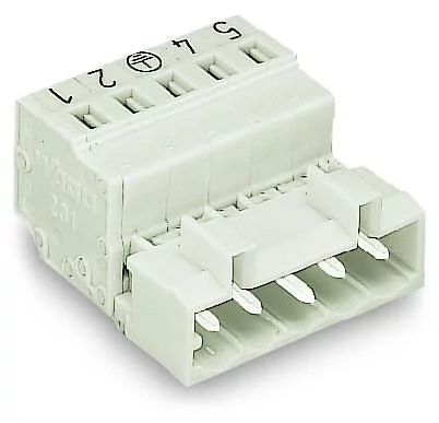 721-605/018-042 - 1-conductor male connector; CAGE CLAMP®; 2.5 mm²; Pin spacing 5 mm; 5-pole; Preceding ground contact; 100% protected against mismating; DIN-35 rail/panel mounting; Snap-in mounting feet; direct marking; 2,50 mm²; light gray