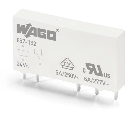 857-152 - Basic relay; Nominal input voltage: 24 VDC; 1 changeover contact; Limiting continuous current: 6 A; Module width: 5 mm; Module height: 15 mm