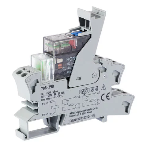 788-390 - Relay module; Nominal input voltage: 24 VDC; 2 changeover contacts; Limiting continuous current: 8 A; Railway; Red status indicator; Module width: 15 mm