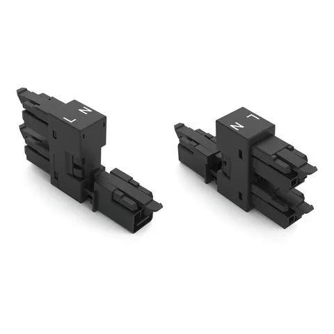 890-1636 - h-distribution connector; 2-pole; Cod. A; 1 input; 2 outputs; outputs on one side; 3 locking levers; for flying leads; black