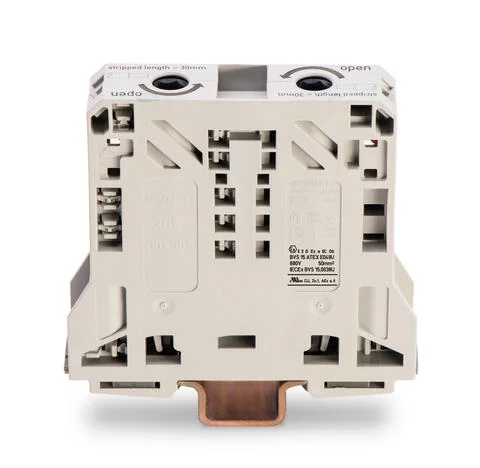 285-950 - POWER CAGE CLAMP feedthrough terminal block; suitable for Ex e II applications; DIN 35 x 15 rail mount; 2-conductor; 2/0 AWG stranded, 1/0 AWG solid; 20 mm wide; light gray