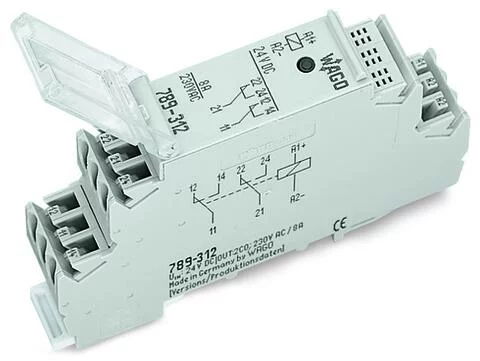 789-312 - Relay module; Nominal input voltage: 24 VDC; 2 changeover contacts; Limiting continuous current: 8 A; Red status indicator; Module width: 18 mm; 2,50 mm²; gray