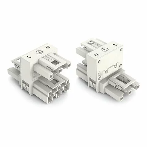 770-685 - h-distribution connector; 3-pole; Cod. A; 1 input; 2 outputs; outputs on both sides; 3 locking levers; for flying leads; white