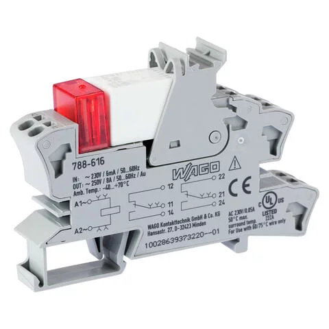 788-616 - Relay module; Nominal input voltage: 230 VAC; 2 changeover contacts; Limiting continuous current: 8 A; with gold contacts; Red status indicator; Module width: 15 mm; 2,50 mm²; gray 788-616 - Relay module; Nominal input voltage: 230 VAC; 2 changeover contacts; Limiting continuous current: 8 A; with gold contacts; Red status indicator; Module width: 15 mm; 2,50 mm²; gray