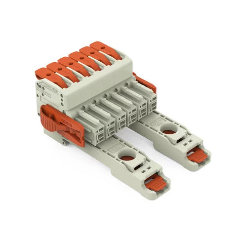 831-1106/038-000/306-000 - 1-conductor female connector; lever; Push-in CAGE CLAMP®; 10 mm²; Pin spacing 7.62 mm; 6-pole; 100% protected against mismating; Lateral locking levers; DIN-35 rail/panel mounting; 10,00 mm²; light gray