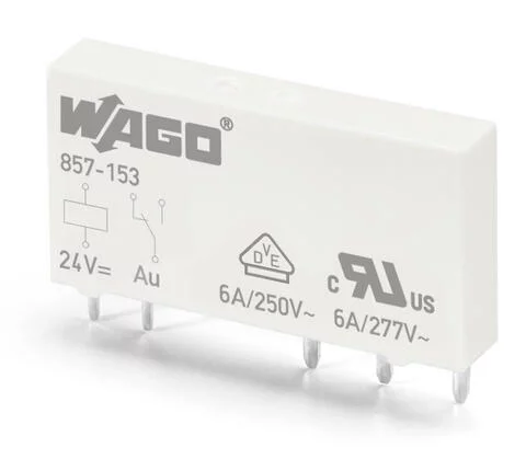 857-151 - Basic relay; Nominal input voltage: 12 VDC; 1 changeover contact; Limiting continuous current: 6 A; with gold contacts; Module width: 5 mm