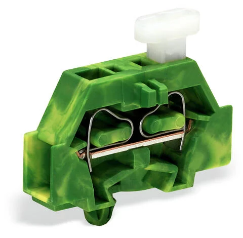 261-317/331-000 - 2-conductor terminal block; on one side with push-button; with snap-in mounting foot; 1-pole; for plate thickness 0.6 - 1.2 mm; Fixing hole 3.5 mm Ø; 2.5 mm²; CAGE CLAMP®; 2,50 mm²; green-yellow