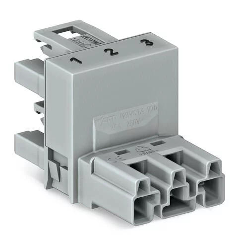 770-1661 - h-distribution connector; 3-pole; Cod. B; 1 input; 2 outputs; outputs on one side; 2 locking levers; gray