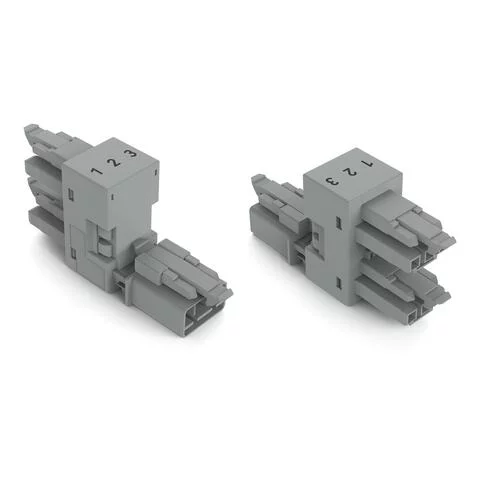 890-1761 - h-distribution connector; 3-pole; Cod. B; 1 input; 2 outputs; outputs on one side; 3 locking levers; for flying leads; gray