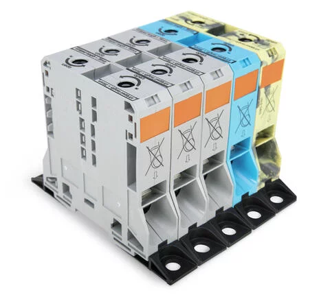 285-188 - POWER CAGE CLAMP feedthrough terminal block (Three Phase Set); with fixing flanges; 2-conductor; 4/0 AWG; 125 mm wide (25 mm wide each); multicolored